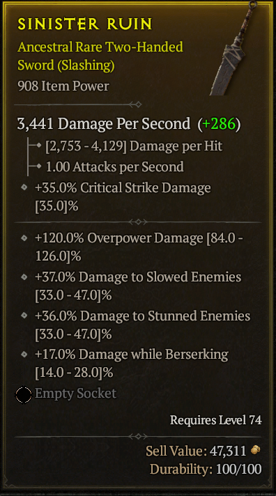 Season 3 - Softcore - Perfect Rare - Two-Handed Sword SINISTER RUIN 2