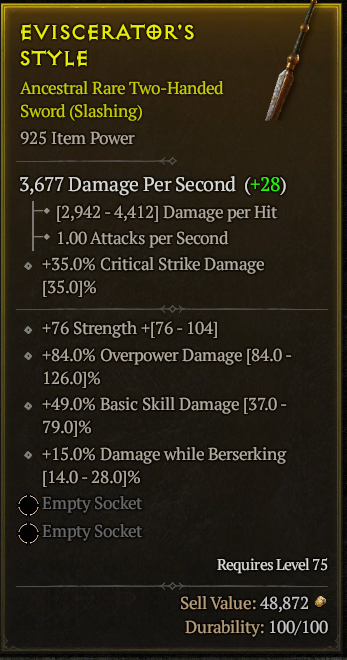 Season 3 - Softcore - Perfect Rare - Two-Handed Sword EVISCERATOR'S STYLE 2