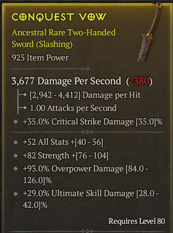 Season 3 - Softcore - Perfect Rare - Two-Handed Sword CONOUEST VOW