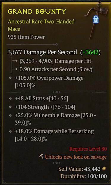 Season 3 - Softcore - Perfect Rare - Two-Handed Mace GRAND BOUNTY