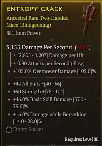 Season 3 - Softcore - Perfect Rare - Two-Handed Mace ENTROPY CRACK