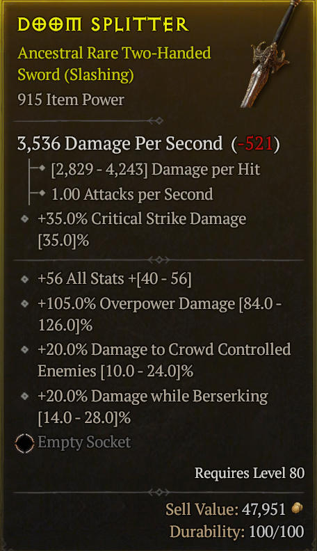 Season 3 - Softcore - Perfect Rare - Two-Handed Sword DOOM SPLITTER 2