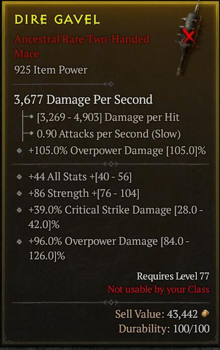 Season 3 - Softcore - Perfect Rare - Two-Handed Mace DIRE GAVEL