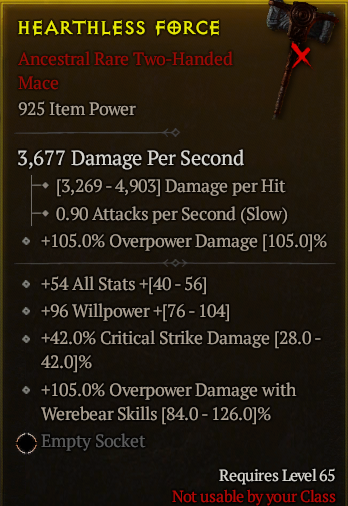 Season 3 - Softcore - Perfect Rare - Two-Handed Mace HEARTHLESS FORCE
