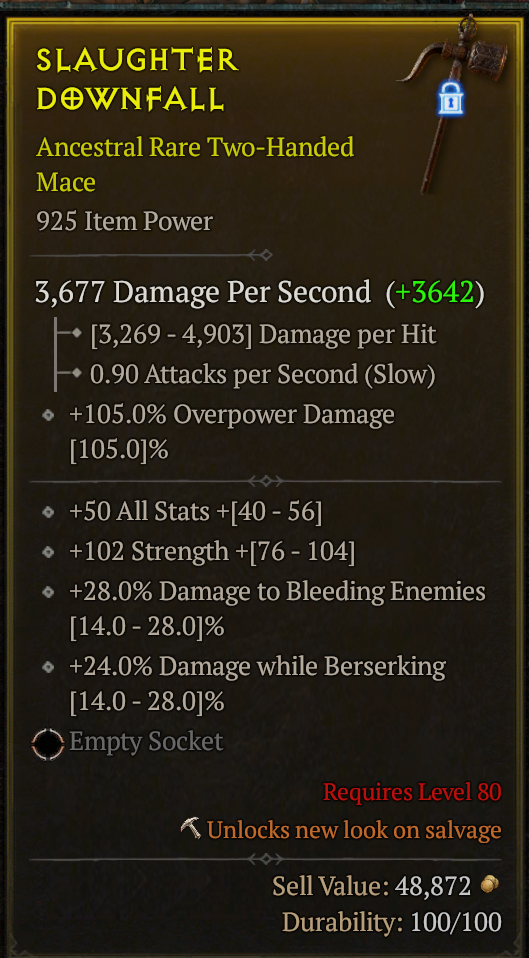 Season 3 - Softcore - Perfect Rare - Two-Handed Mace SLAUGHTER DOWNFALL