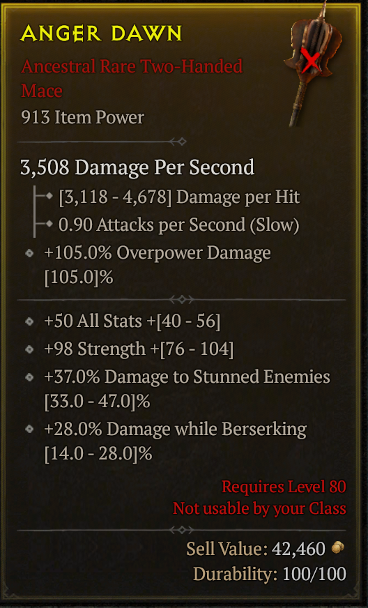 Season 3 - Softcore - Perfect Rare - Two-Handed Mace ANGER DAWN