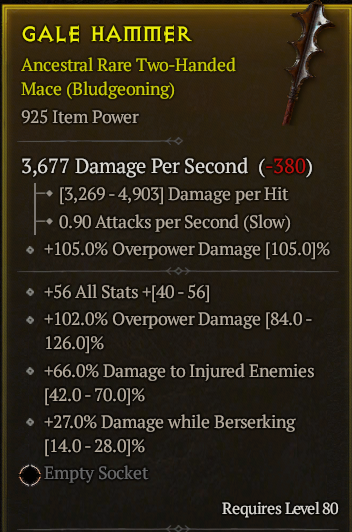 Season 3 - Softcore - Perfect Rare - Two-Handed Mace GALE HAMMER