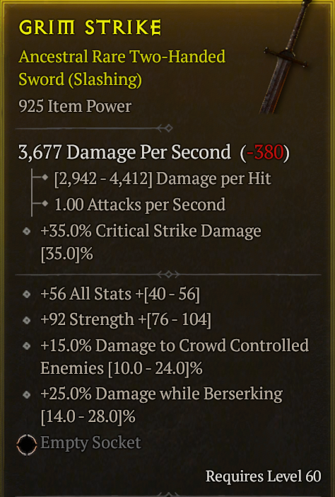 Season 3 - Softcore - Perfect Rare - Two-Handed Sword GRIM STRIKE 2