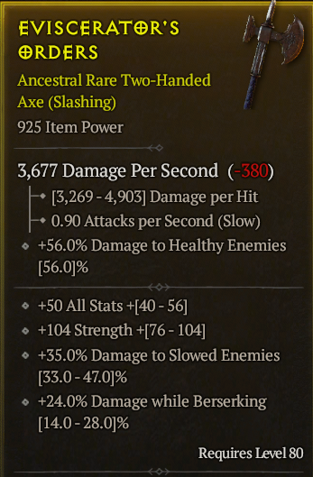 Season 3 - Softcore - Perfect Rare - Two-Handed Axe EVISCERATOR'S ORDERS 2