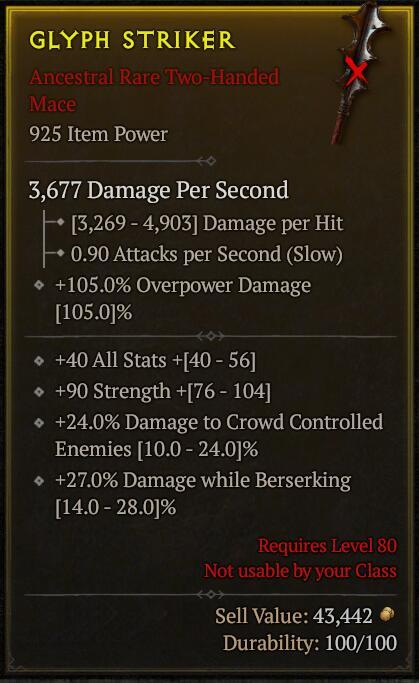Season 3 - Softcore - Perfect Rare - Two-Handed Mace GLYPH STRIKER