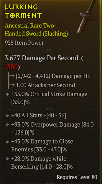 Season 3 - Softcore - Perfect Rare - Two-Handed Sword LURKING TORMENT 3